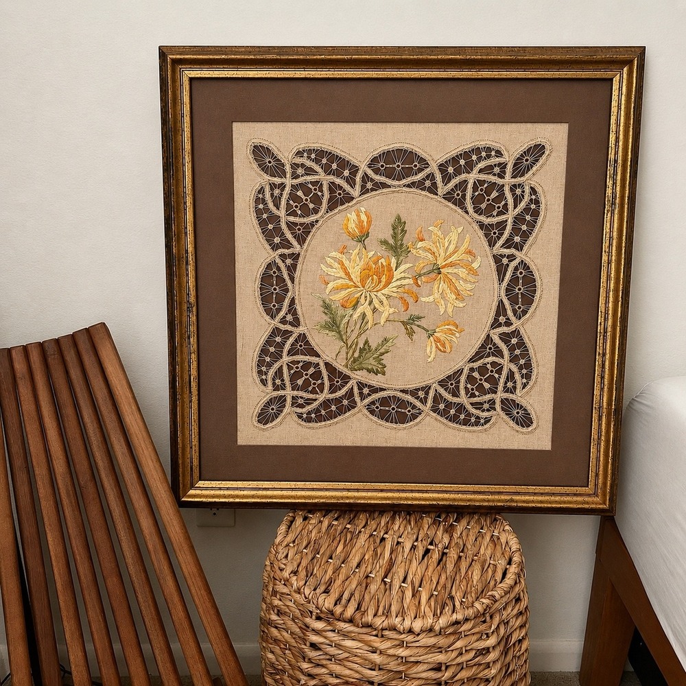 VTG 1970s Handmade Embroidered Silk Thread Floral Lace Muslin Framed Textile Art